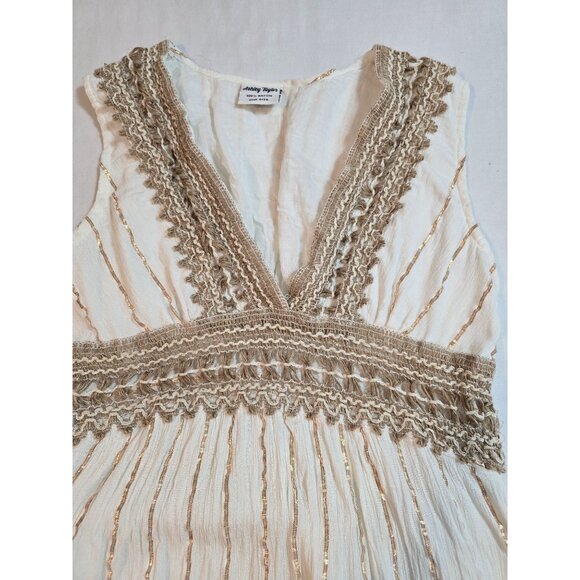 Boho Cream Maxi Dress Gold Accents & Jute Crochet Details By Ashley Taylor OS - Picture 15 of 15